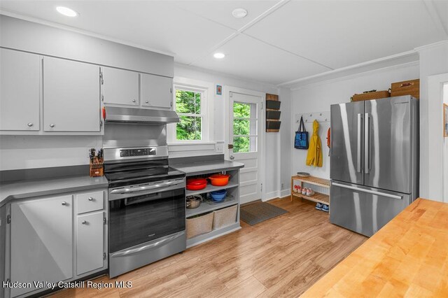 370 N Elting Corners Rd, Highland, NY 12528 - kitchen featuring appliances with stainless steel finishes, under cabinet range hood, light wood finished floors, recessed lighting, and crown molding