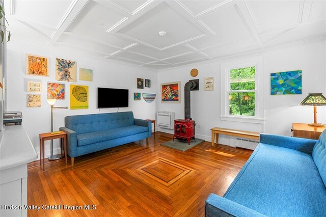 370 N Elting Corners Rd, Highland, NY 12528 - living room with a wood stove and a baseboard radiator