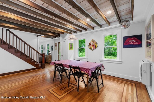 370 N Elting Corners Rd, Highland, NY 12528 - dining room with wooden ceiling with exposed beams, baseboards, stairs, and heating unit