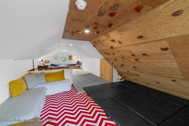 370 N Elting Corners Rd, Highland, NY 12528 - carpeted bedroom featuring lofted ceiling and wooden ceiling