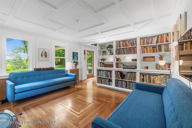 370 N Elting Corners Rd, Highland, NY 12528 - living area featuring coffered ceiling and built in shelves