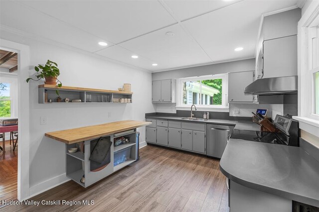 370 N Elting Corners Rd, Highland, NY 12528 - kitchen with open shelves, under cabinet range hood, dishwasher, range, and recessed lighting