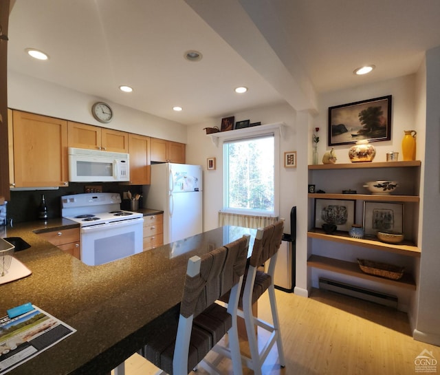 56 Highlands Dr Unit F-5, Hunter, NY 12442 - kitchen featuring white appliances, baseboard heating, recessed lighting, light wood finished floors, and light brown cabinets