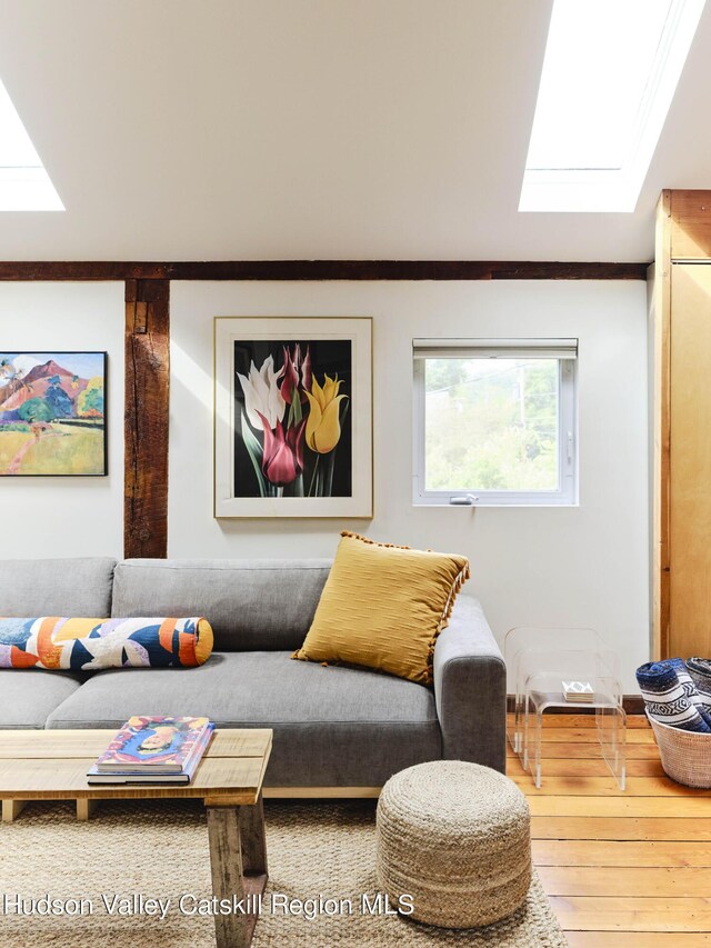 living room featuring hardwood / wood-style floors and a skylight