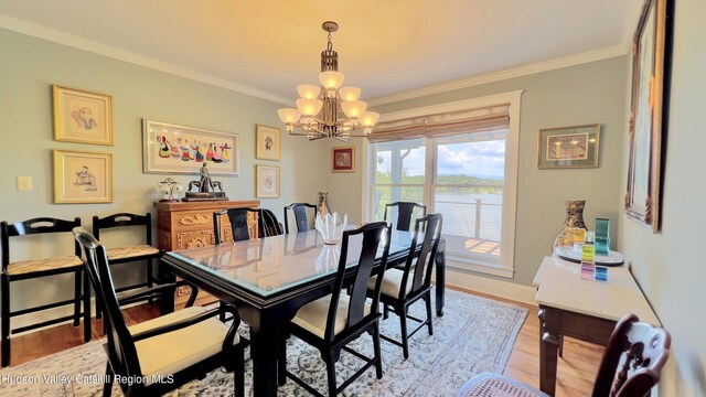 50 Manhattoes Dr, Athens, NY 12015 - dining area with a chandelier, crown molding, light wood finished floors, a water view, and baseboards