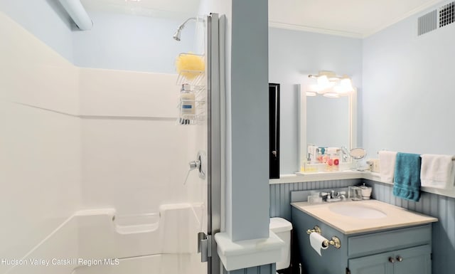 50 Manhattoes Dr, Athens, NY 12015 - bathroom featuring a shower stall, vanity, crown molding, and toilet