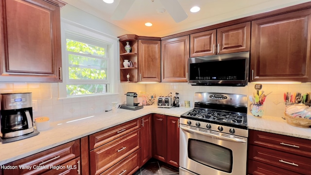 50 Manhattoes Dr, Athens, NY 12015 - kitchen featuring appliances with stainless steel finishes, backsplash, light stone counters, and recessed lighting