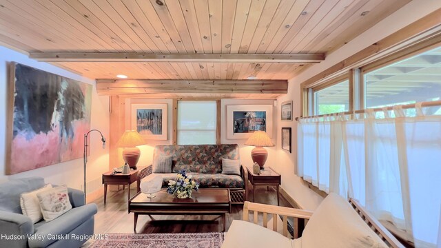 50 Manhattoes Dr, Athens, NY 12015 - living room with wood finished floors, baseboards, wooden ceiling with exposed beams, and recessed lighting