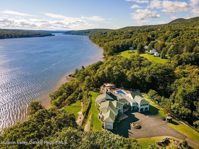 drone / aerial view featuring a water view