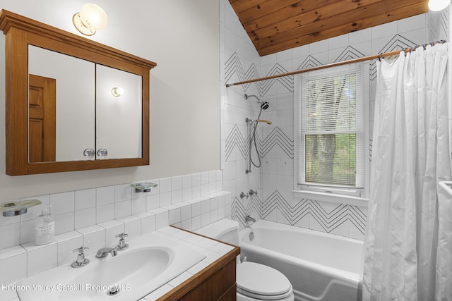 bathroom featuring vaulted ceiling, toilet, shower / tub combo with curtain, tile walls, and wood ceiling