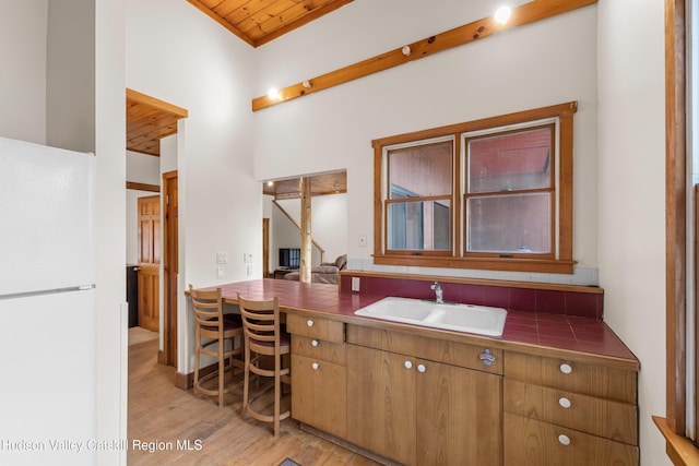 bathroom featuring wood finished floors, vanity, and wooden ceiling