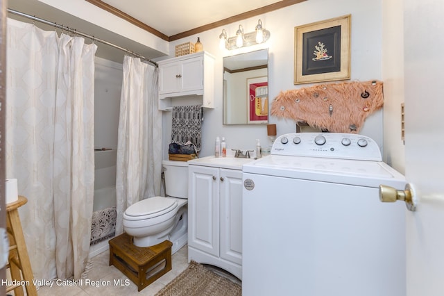 full bath with curtained shower, crown molding, toilet, washer / dryer, and vanity