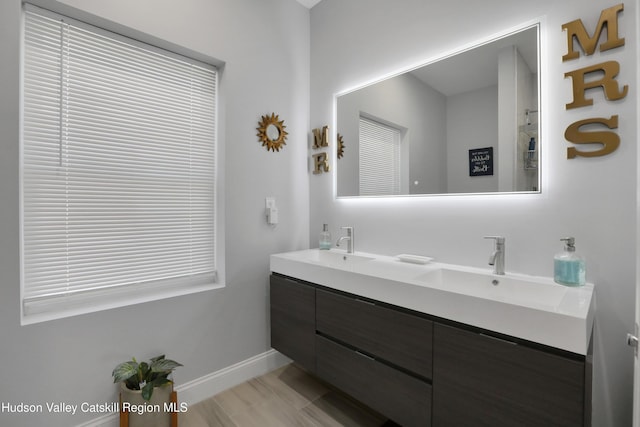 bathroom featuring vanity and wood-type flooring