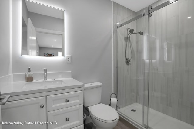 bathroom with vanity, toilet, and walk in shower