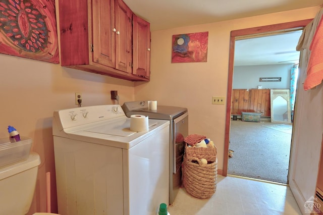 568 State Route 145, Middleburgh, NY 12122 - washroom with independent washer and dryer, cabinet space, and light carpet