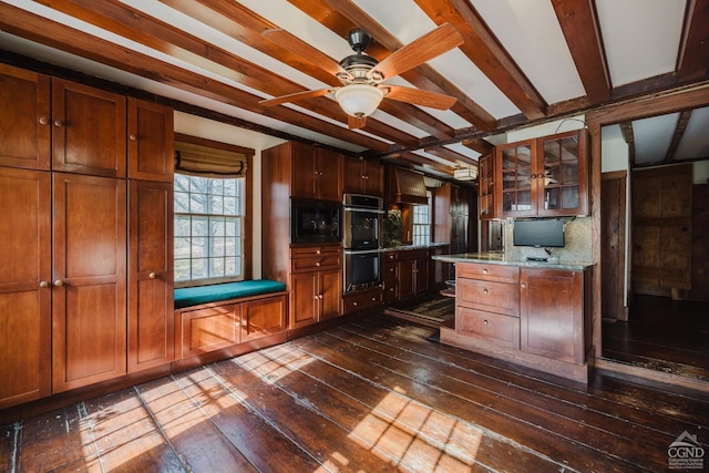 21 Cemetery Rd, New Lebanon, NY 12125 - kitchen featuring double oven, dark wood-style floors, black microwave, ceiling fan, and glass insert cabinets