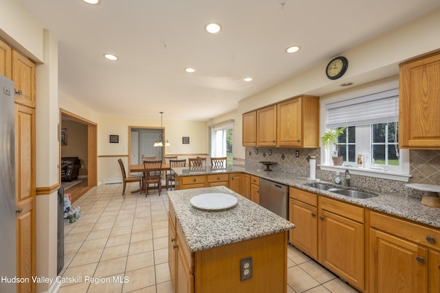 368 Gahbauer Rd, Hudson, NY 12534 - kitchen with recessed lighting, dishwasher, backsplash, light stone countertops, and light tile patterned floors