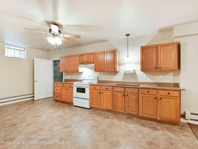 kitchen featuring pendant lighting, ceiling fan, electric stove, and baseboard heating