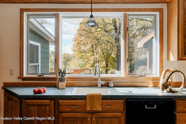 interior space with sink, decorative light fixtures, and black dishwasher