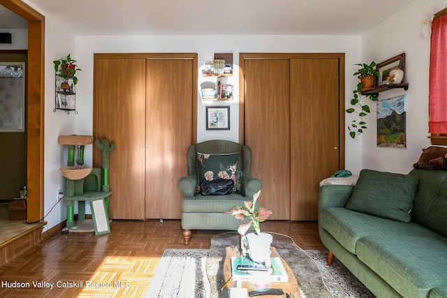 living area featuring baseboards