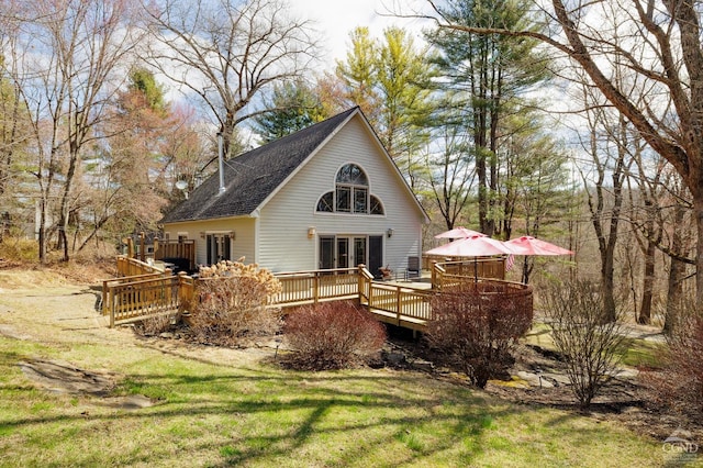 53 Snyder Pond Rd, Copake, NY 12516 - back of house with a wooden deck, a lawn, and roof with shingles