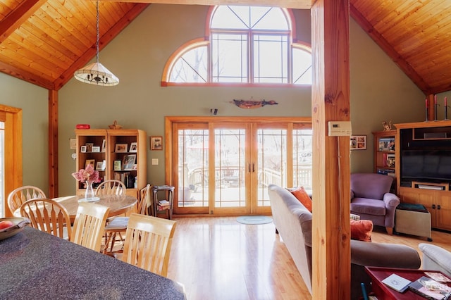 53 Snyder Pond Rd, Copake, NY 12516 - dining area with french doors, wood finished floors, wooden ceiling, and high vaulted ceiling