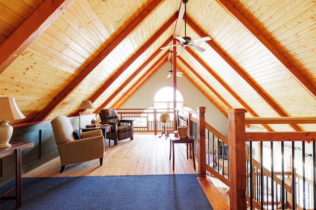 53 Snyder Pond Rd, Copake, NY 12516 - living area featuring ceiling fan, wood ceiling, hardwood / wood-style floors, and an upstairs landing