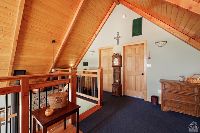 53 Snyder Pond Rd, Copake, NY 12516 - corridor with wood ceiling, an upstairs landing, and dark colored carpet