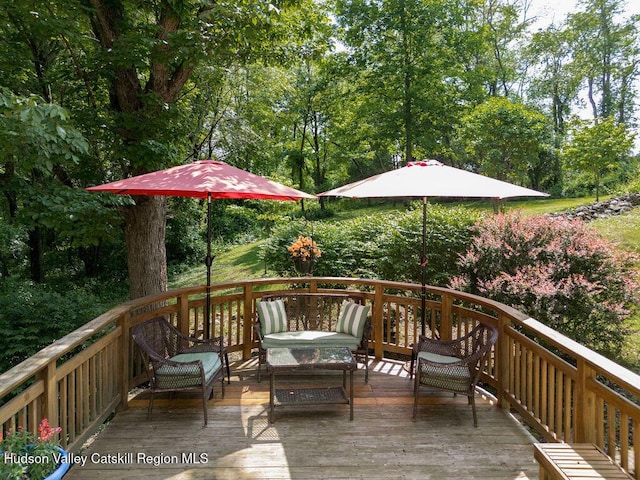 53 Snyder Pond Rd, Copake, NY 12516 - wooden terrace featuring an outdoor living space and view of scattered trees