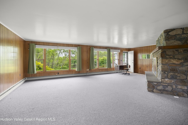 118 Yonderview Rd, Hillsdale, NY 12529 - unfurnished living room featuring wooden walls, carpet floors, baseboard heating, and crown molding