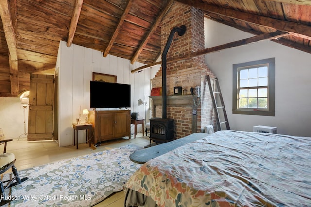 16-26 Shultis Brook Rd, Bearsville, NY 12409 - bedroom with a wood stove, wooden ceiling, and wood finished floors