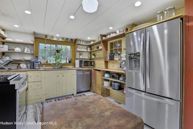 16-26 Shultis Brook Rd, Bearsville, NY 12409 - kitchen featuring stainless steel appliances, open shelves, recessed lighting, and light countertops
