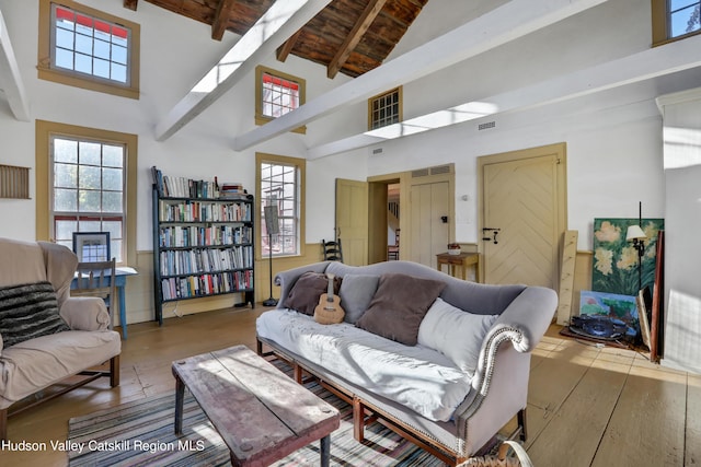 16-26 Shultis Brook Rd, Bearsville, NY 12409 - living area featuring high vaulted ceiling, hardwood / wood-style flooring, healthy amount of natural light, and a wood ceiling with exposed beams