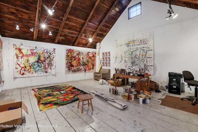 16-26 Shultis Brook Rd, Bearsville, NY 12409 - rec room with a wooden ceiling with exposed beams, hardwood / wood-style flooring, rail lighting, and high vaulted ceiling