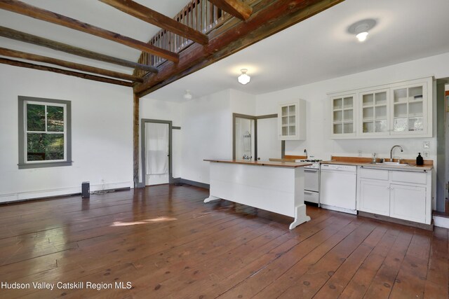 16-26 Shultis Brook Rd, Bearsville, NY 12409 - kitchen with dishwasher, beamed ceiling, white cabinetry, dark wood finished floors, and a baseboard radiator