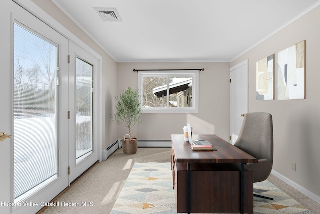 carpeted home office with crown molding and a baseboard radiator