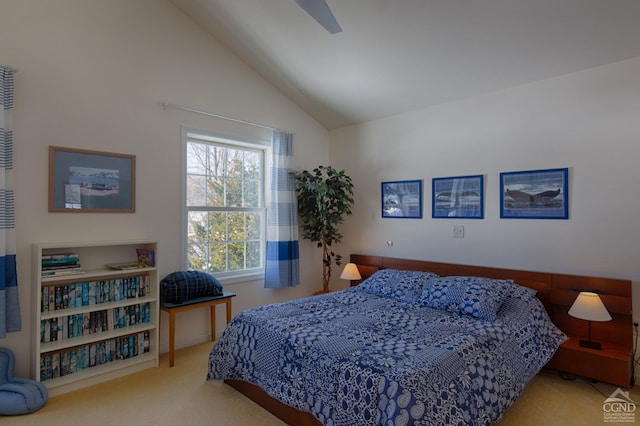  - carpeted bedroom with lofted ceiling and a ceiling fan