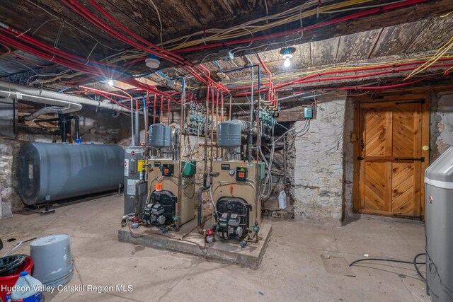 5868 Rte 209, Rochester, NY 12446 - unfinished basement featuring oil tank, a heating unit, water heater, and washer / clothes dryer