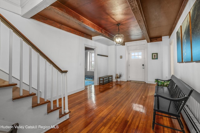 5868 Rte 209, Rochester, NY 12446 - foyer with beamed ceiling, hardwood / wood-style floors, stairway, and healthy amount of natural light