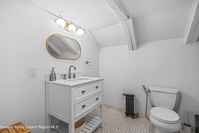 5868 Rte 209, Rochester, NY 12446 - bathroom with vanity, radiator heating unit, and beamed ceiling