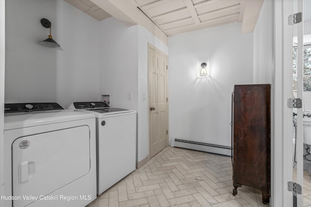 5868 Rte 209, Rochester, NY 12446 - laundry area featuring a baseboard radiator, washer and dryer, and brick patterned flooring