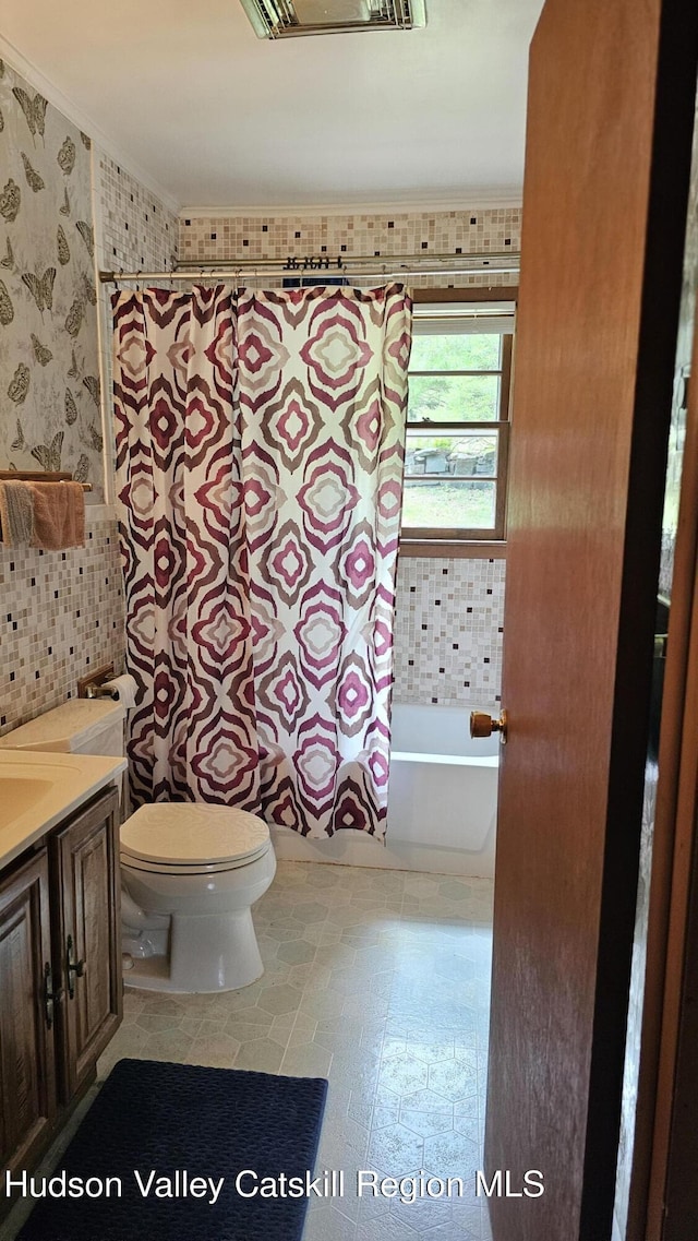 192 W Shore Dr, Valatie, NY 12184 - bathroom featuring shower / bath combo, vanity, wallpapered walls, and crown molding