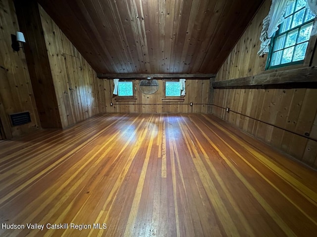 bonus room with hardwood / wood-style flooring, vaulted ceiling, wood ceiling, and wood walls