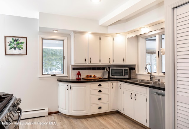 kitchen featuring sink, white cabinets, decorative backsplash, light hardwood / wood-style floors, and stainless steel appliances