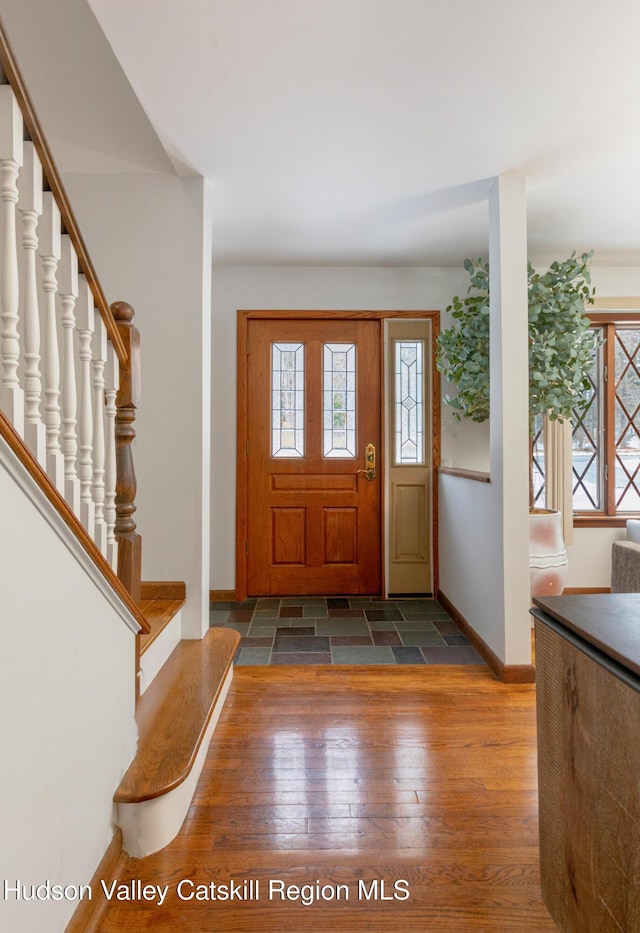 foyer entrance with a wealth of natural light and dark hardwood / wood-style flooring