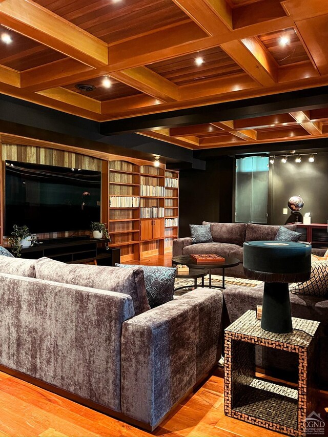 60 Leon Ln, Stony Creek, NY 12878 - living room with coffered ceiling, beam ceiling, wood finished floors, and recessed lighting