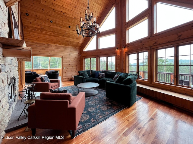 60 Leon Ln, Stony Creek, NY 12878 - living room featuring high vaulted ceiling, wood ceiling, a fireplace, a chandelier, and hardwood / wood-style floors