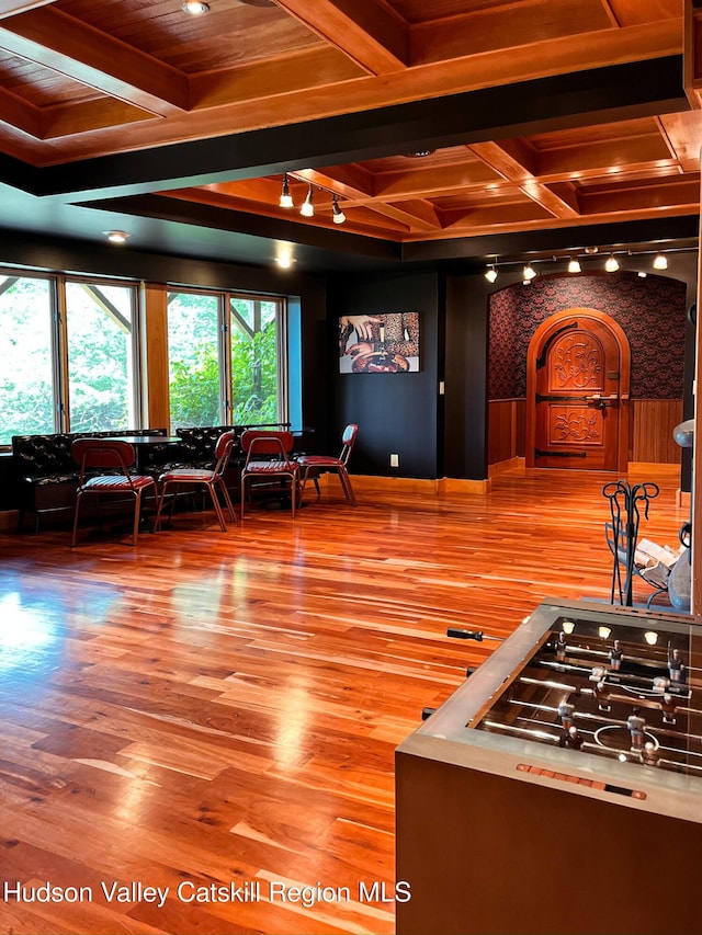 60 Leon Ln, Stony Creek, NY 12878 - playroom featuring coffered ceiling, beam ceiling, and wood finished floors