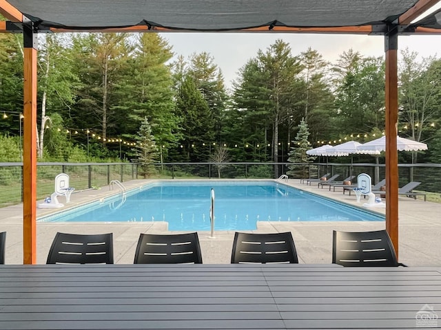 60 Leon Ln, Stony Creek, NY 12878 - community pool with a patio area, outdoor dining space, and view of wooded area
