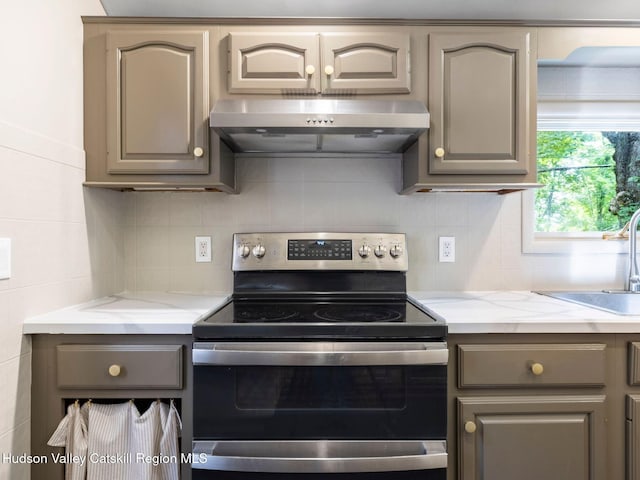 221 Cardinal Rd, Hyde Park, NY 12538 - kitchen featuring electric stove, under cabinet range hood, gray cabinetry, and tasteful backsplash
